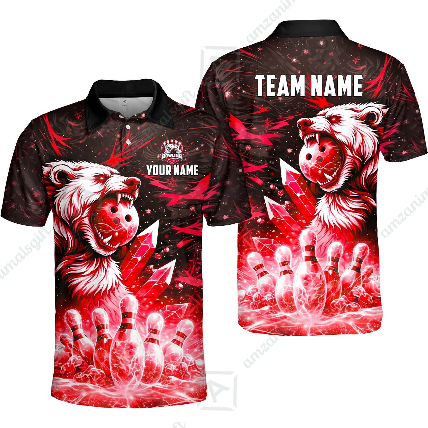 Custom Bowling Jersey Polo Shirt, Arctic Bear & Crystal Galaxy, Custom Bowling Jersey Team Shirt For Players With Name & Team Name