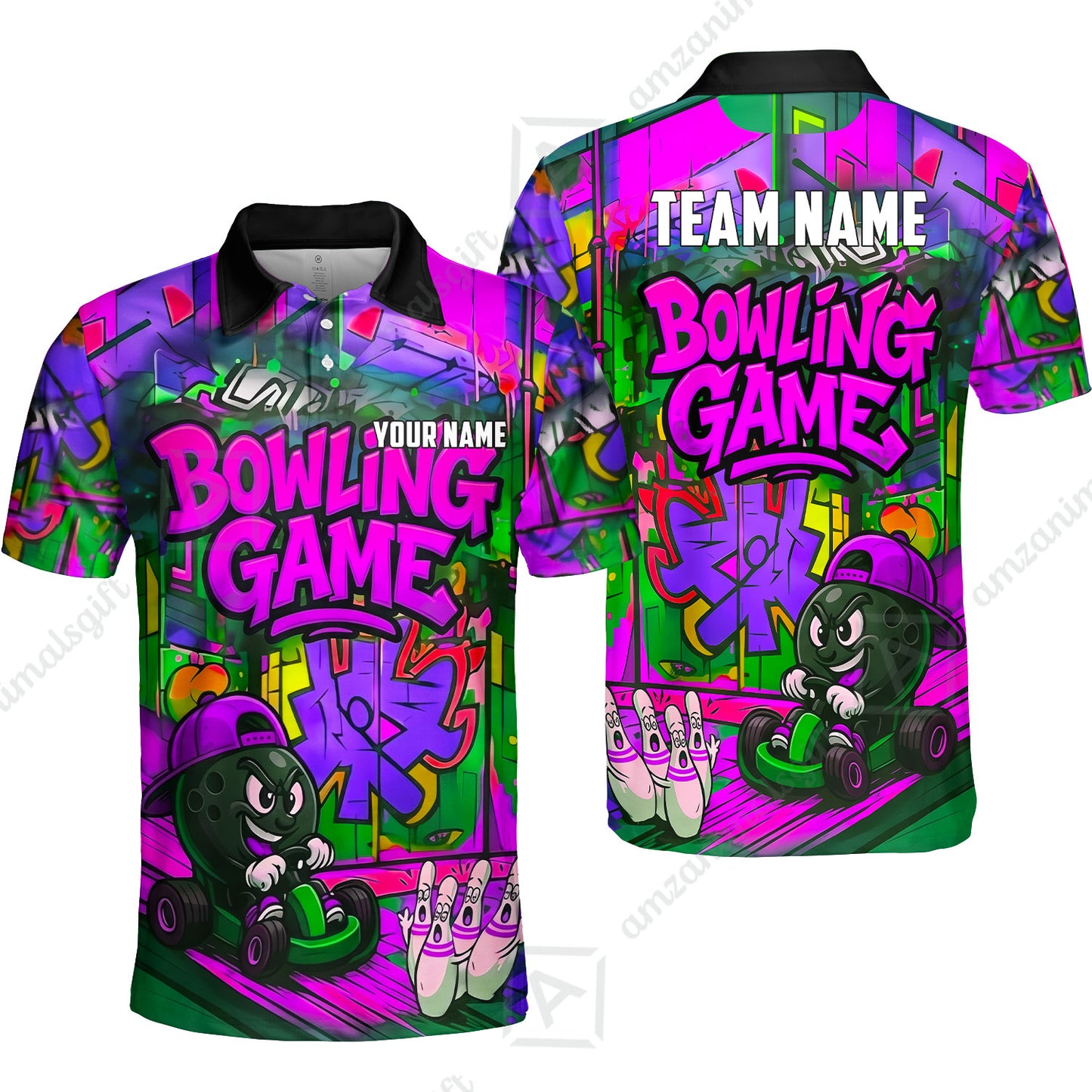 Custom Bowling Jersey Polo Shirt, Street Graffiti Go Kart Ball, Custom Bowling Jersey Team Shirt For Players With Name and Team Name