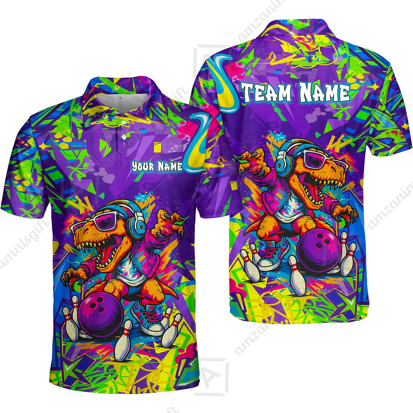 Custom Bowling Jersey Polo Shirt, Vibrant Neon Graffiti DJ T-Rex, Custom Bowling Jersey Team Shirt For Players With Name and Team Name