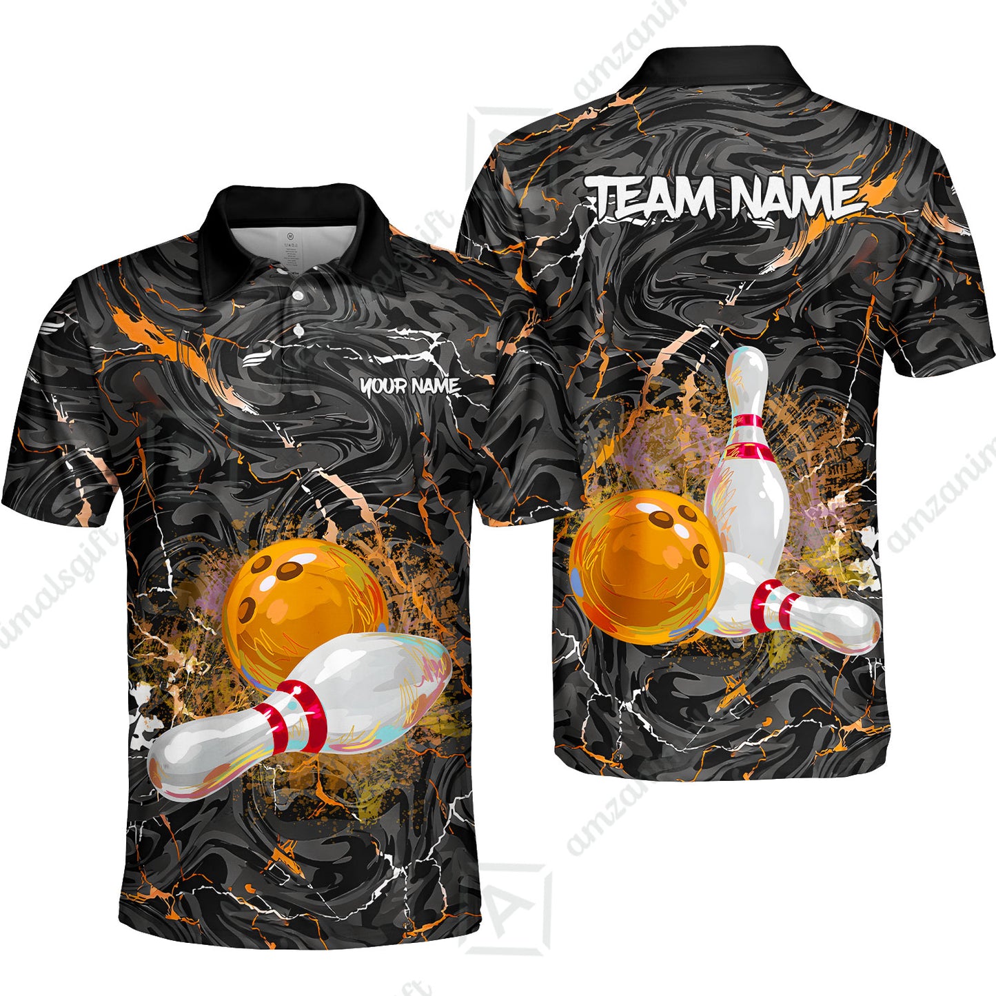 Customized Bowling Unisex Polo Shirt, Swirling Marbled Pattern Vibrant Veins, Bowling Uniforms, Personalized Name And Team Name
