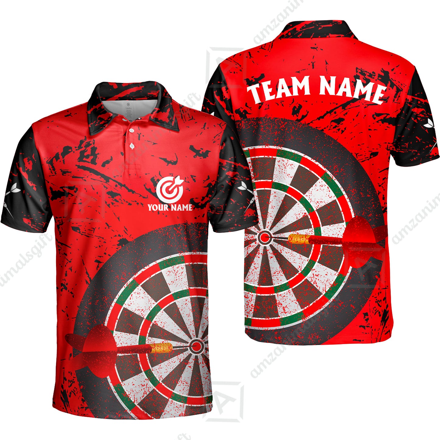 Red Dartboard Pattern Custom Darts Team Jersey Polo Quarter-Zip Shirts, Customized Name Team Name Darts Team Jerseys Uniform