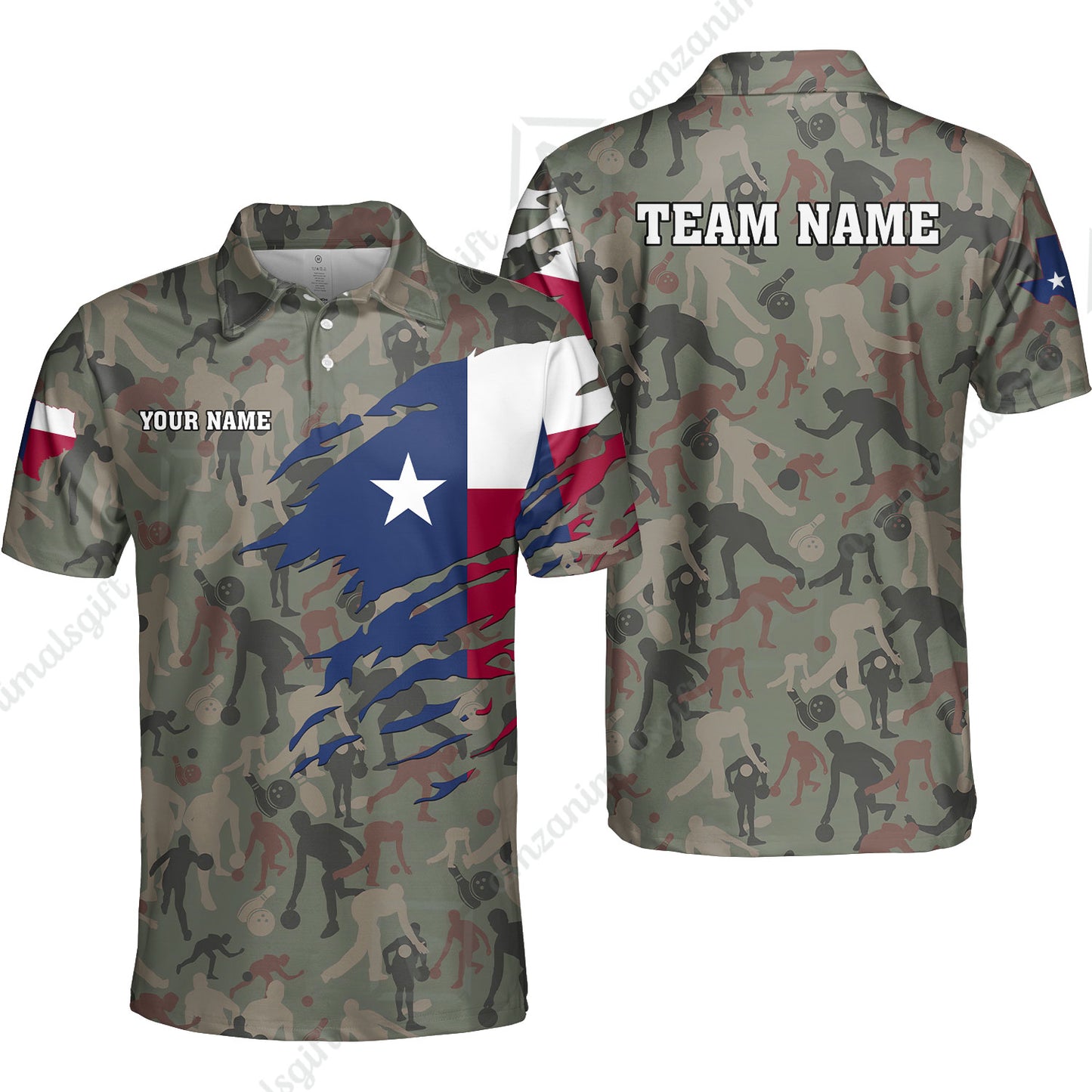 Custom Bowling Jersey Polo Shirt, Texas Flag Woodland Green Camouflage, Custom Bowling Jersey Team Shirt For Players With Name and Team Name