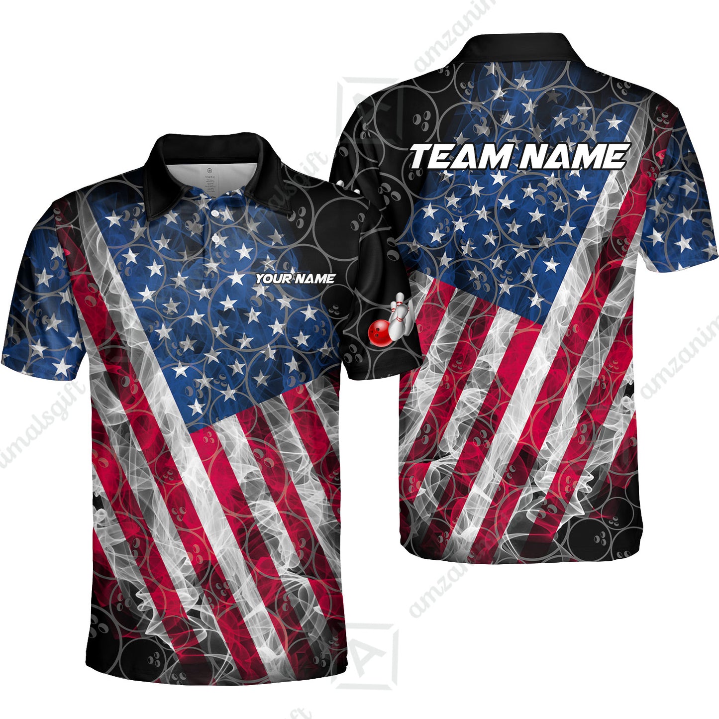 Custom Bowling Jersey Polo Shirt, Patriotic Smokey American Flag, Custom Bowling Jersey Team Shirt For Players With Name & Team Name