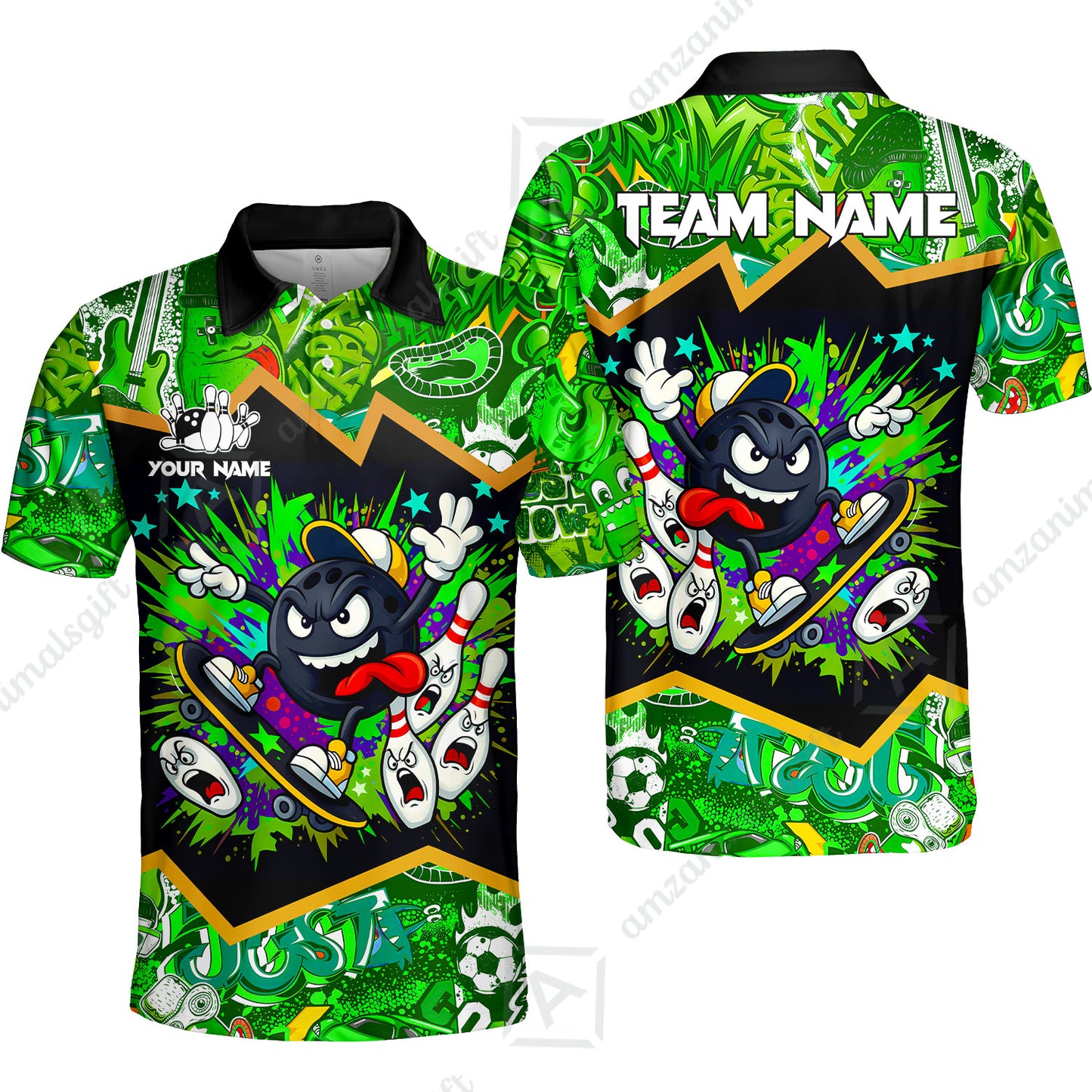 Customized Bowling Unisex Polo Shirt, Skater Bowling Ball Attack, Bowling Uniform, Personalized Name And Team Name