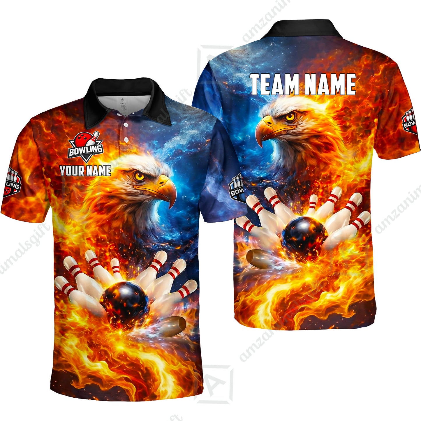 Custom Bald Eagle and Fire Bowling Jersey Polo Shirt, Custom Bald Eagle and Fire Bowling Jersey Team Shirt For Players With Name & Team Name