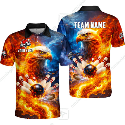 Custom Bald Eagle and Fire Bowling Jersey Polo Shirt, Custom Bald Eagle and Fire Bowling Jersey Team Shirt For Players With Name & Team Name
