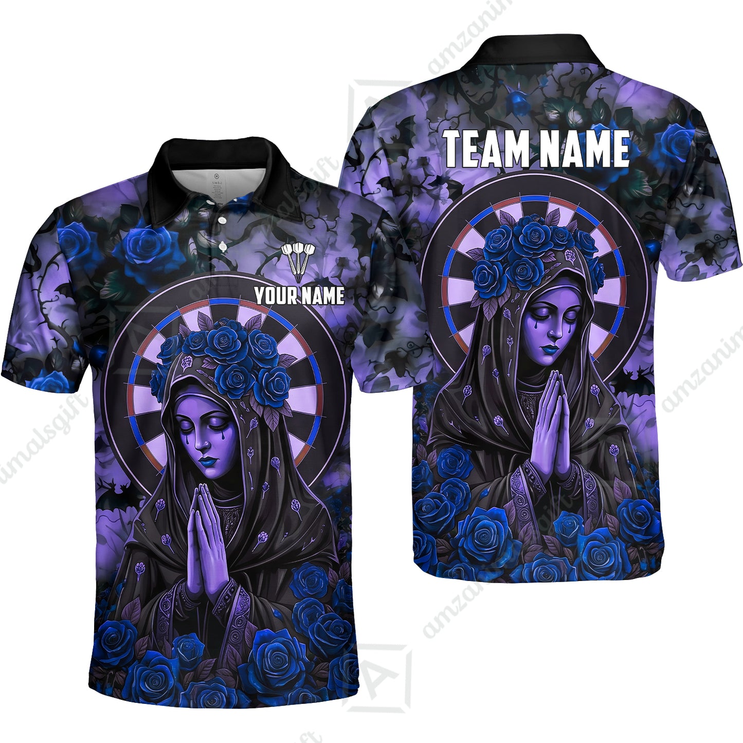 Custom Darts Jersey Polo Shirt, Gothic Madonna And Blue Rose, Custom Dart Jersey Team Shirt For Players With Name & Team Name