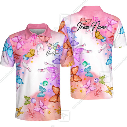 Custom Bowling Jersey Polo Shirt, Whimsical Butterfly Watercolor, Custom Bowling Jersey Team Shirt For Players With Name and Team Name