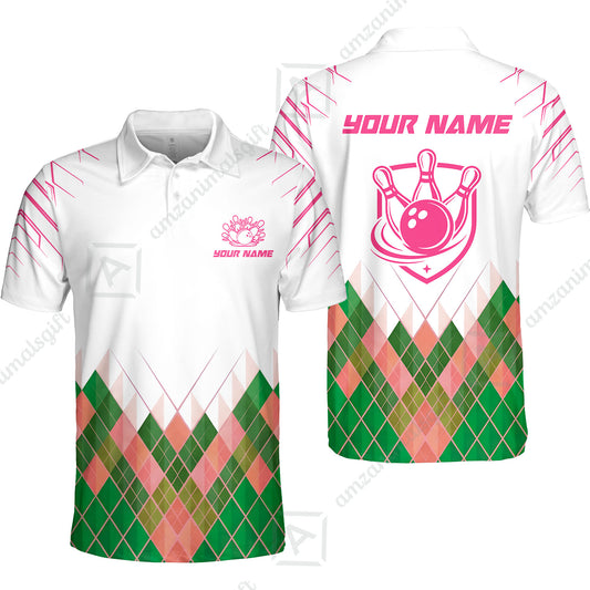Custom Bowling Jersey Polo Shirt, Green Argyle Pattern Bowling Custom Bowling Jersey Team Shirt For Players With Name & Team Name