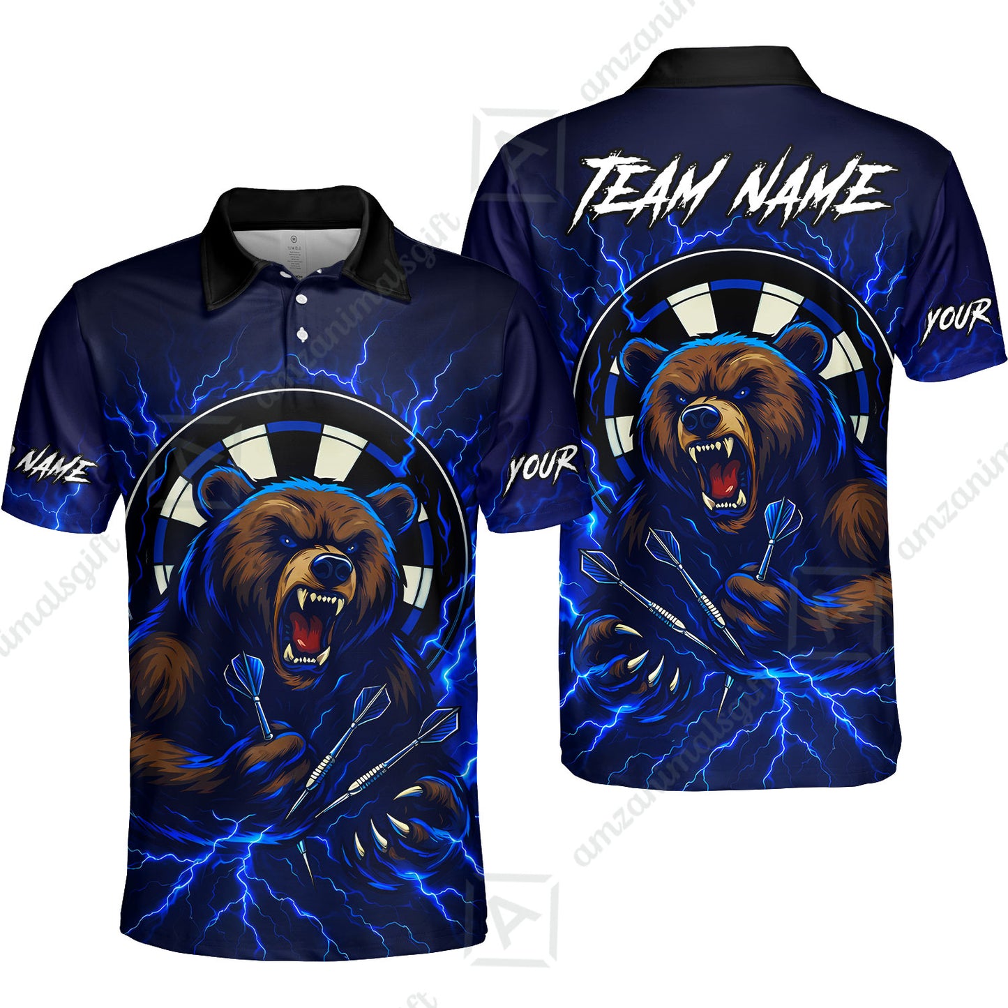 Custom Darts Team Long Sleeve Polo Shirt, Personalized Bear Thunder Lightning Darts Shirt with Name & Team Name