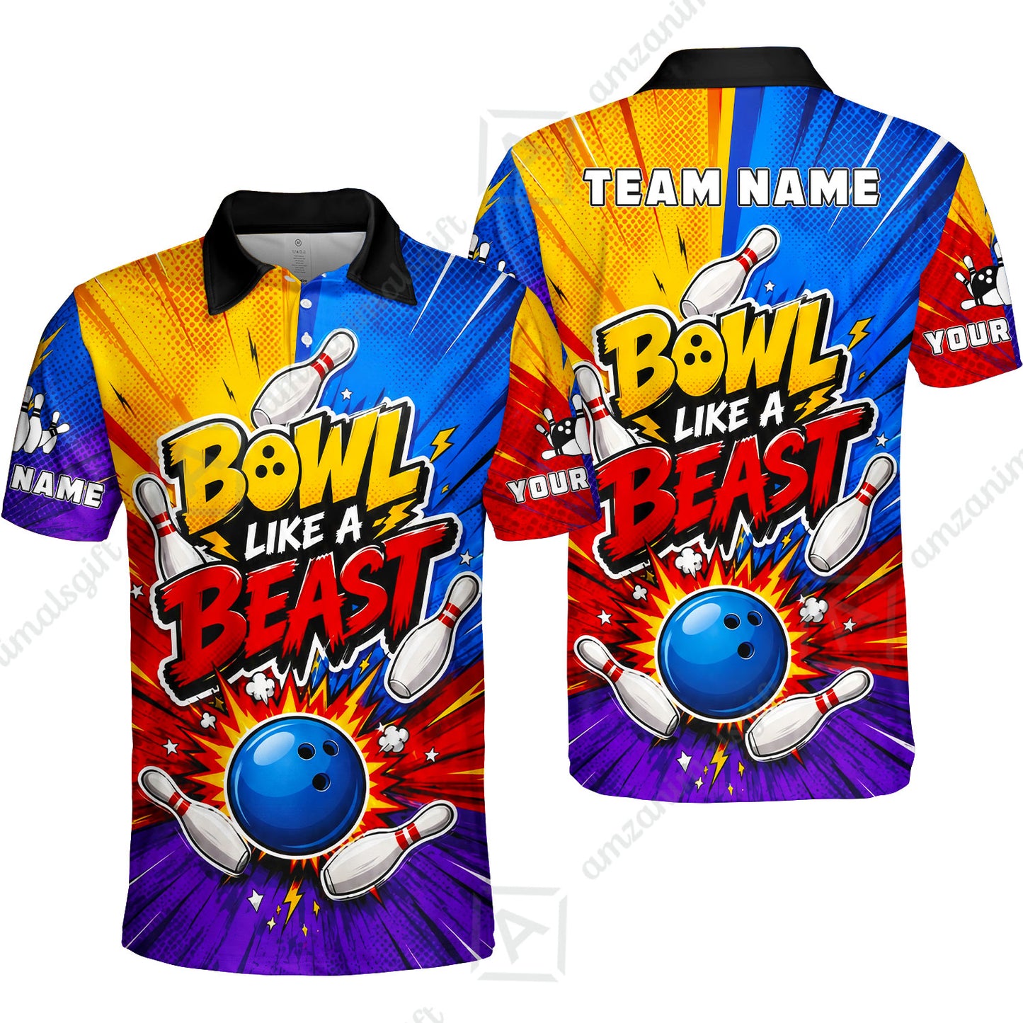 Custom Bowling Jersey Polo Shirt, Comic Pop Art Beast Mode Blast, Custom Bowling Jersey Team Shirt For Players With Name and Team Name