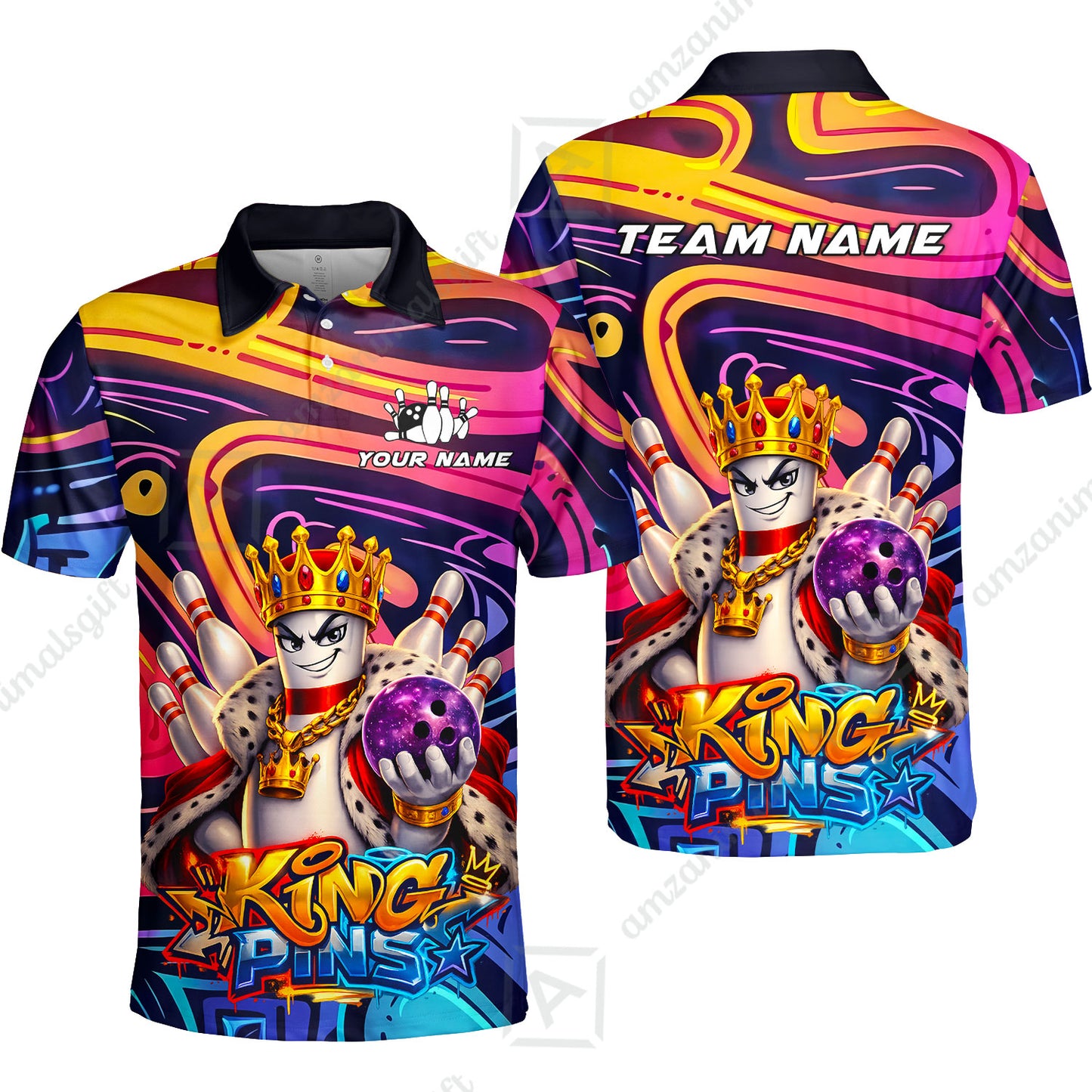 Custom Bowling Jersey Polo Shirt, Psychedelic Graffiti King Pins Mascot, Custom Bowling Jersey Team Shirt For Players With Name and Team Name