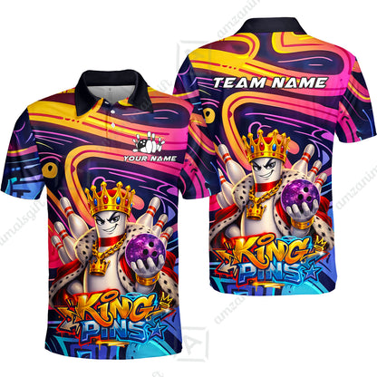 Custom Bowling Jersey Polo Shirt, Psychedelic Graffiti King Pins Mascot, Custom Bowling Jersey Team Shirt For Players With Name and Team Name