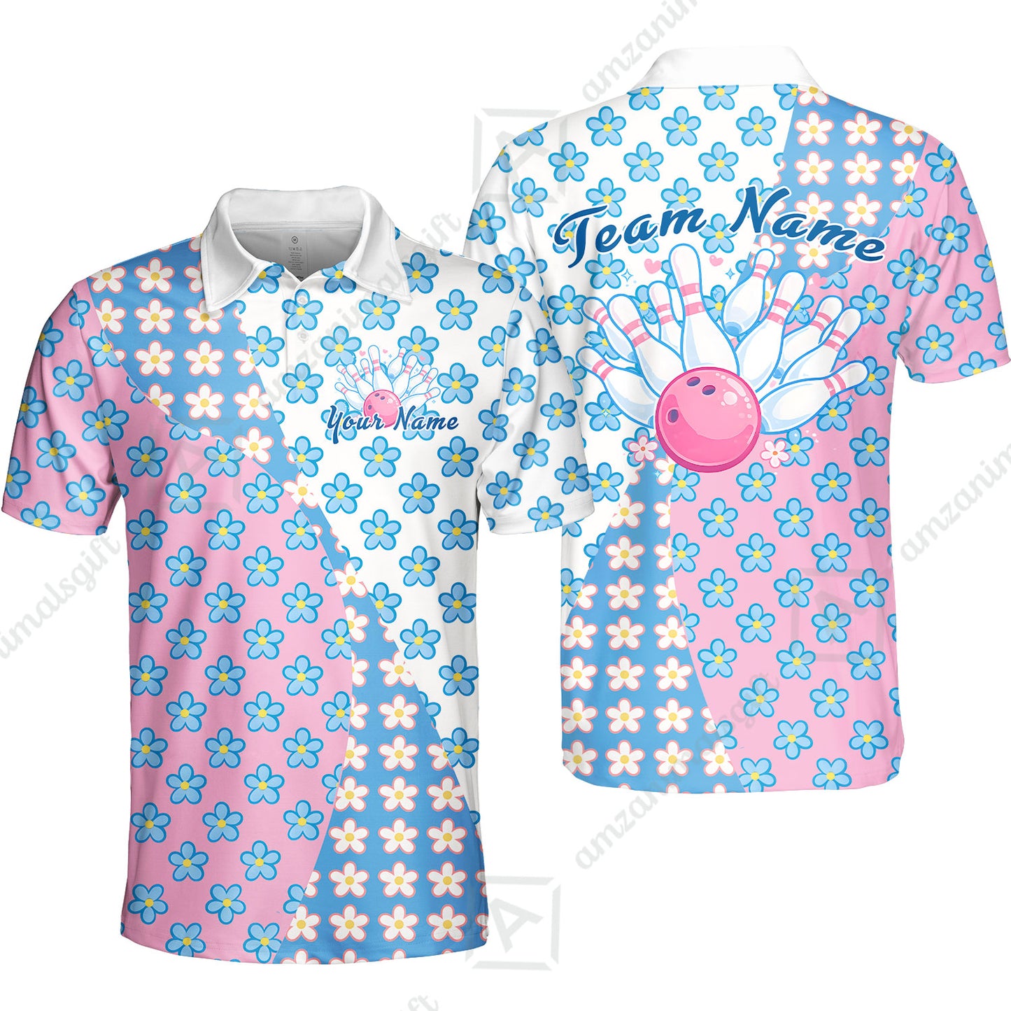 Custom Bowling Jersey Polo Shirt, Pastel Retro Flower Power Bloom, Custom Bowling Jersey Team Shirt For Players With Name and Team Name