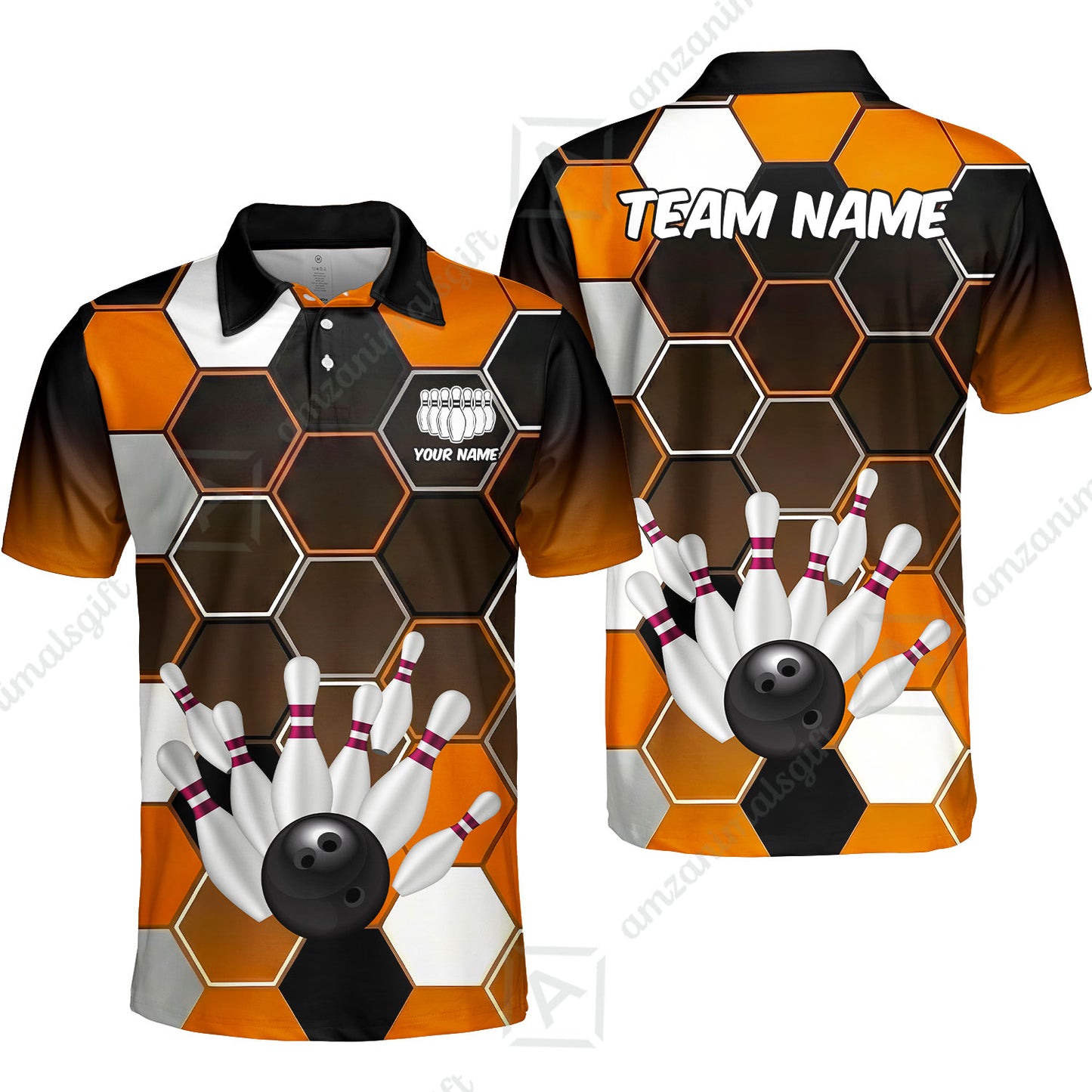 Customized Bowling Unisex Polo Shirt, Hexagon Pattern Bowling, Bowling Uniform - Personalized Name Team Name For Bowlers