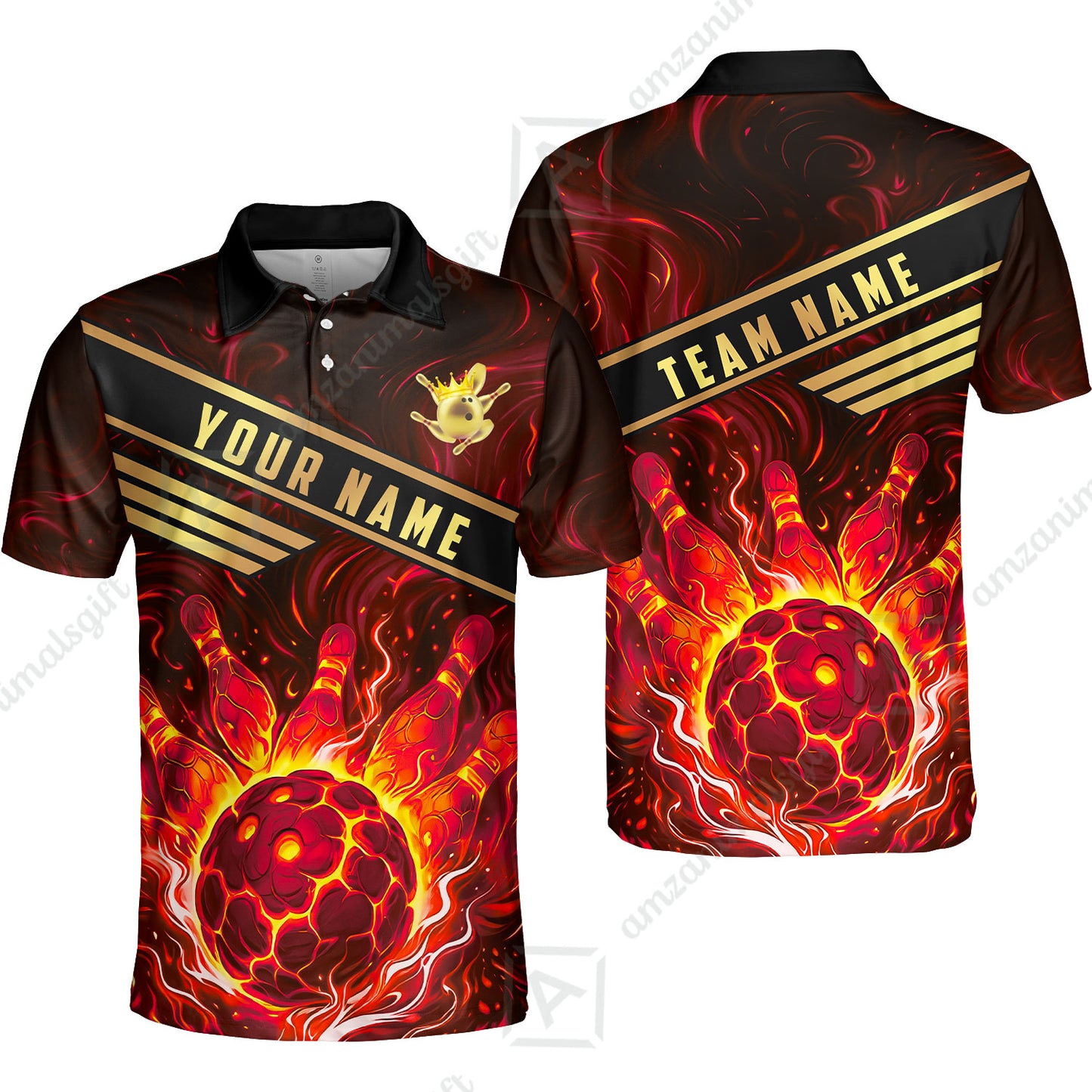 Custom Bowling Polo Shirt, Glowing Bowling Ball and Pins Custom Bowling Polo Team Shirt For Players With Name & Team Name