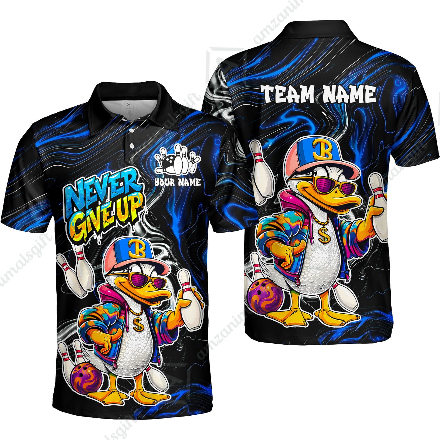 Custom Bowling Jersey Polo Shirt, Duck Never Give Up, Custom Bowling Jersey Team Shirt For Players With Name & Team Name