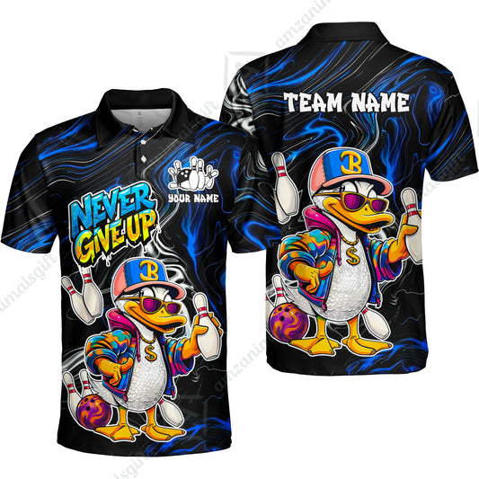 Custom Bowling Jersey Polo Shirt, Duck Never Give Up, Custom Bowling Jersey Team Shirt For Players With Name & Team Name