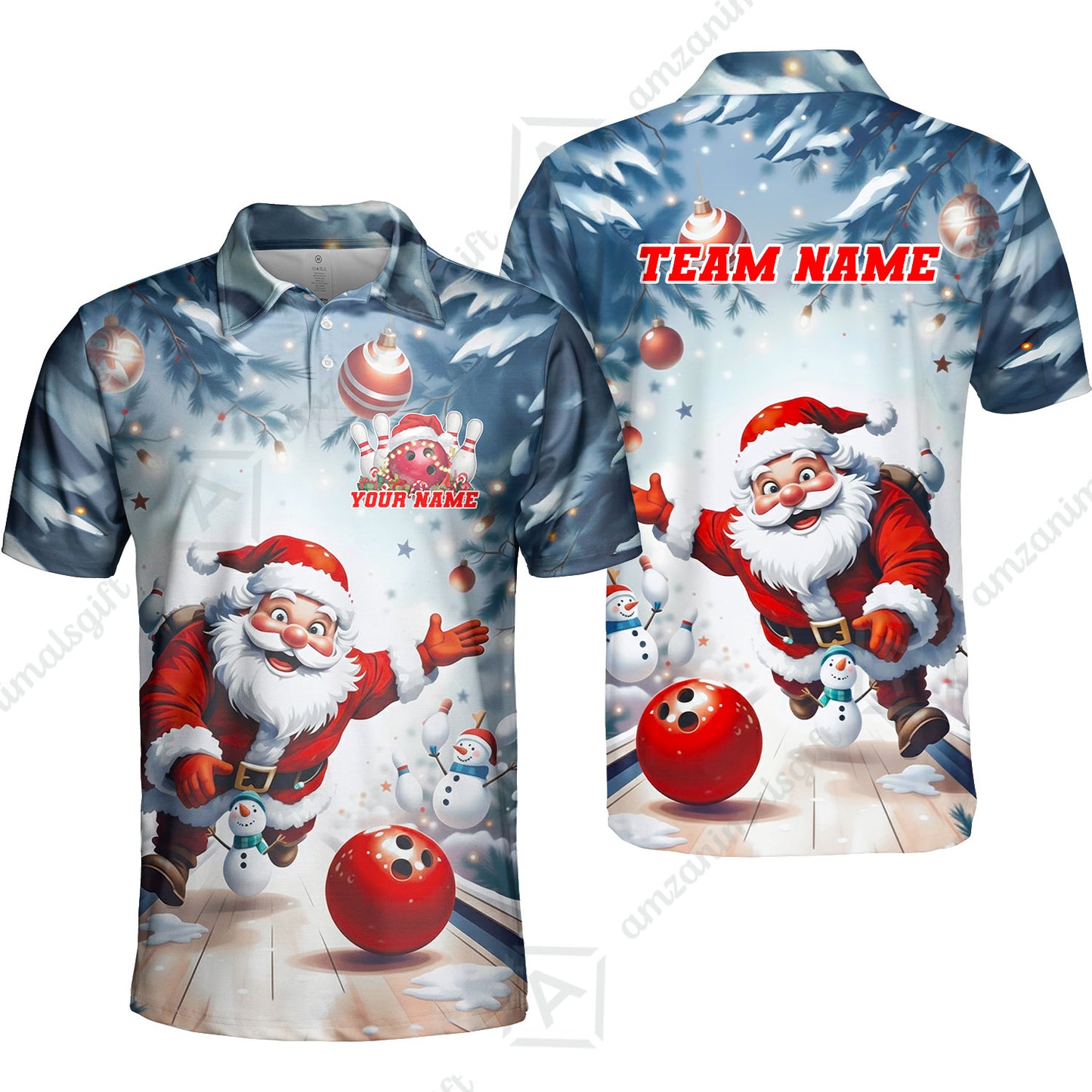Custom Funny Santa Playing Bowling Team Jerseys Polo Shirts, Christmas Bowling uniforms - Bowling Polo Personalized Name And Team Name