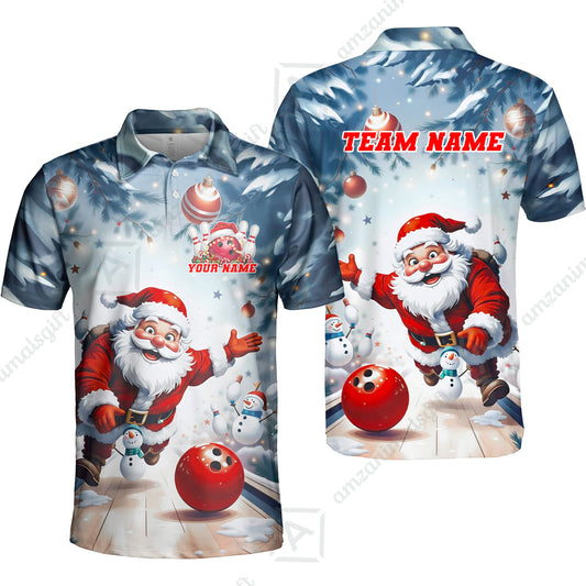Custom Funny Santa Playing Bowling Team Jerseys Polo Shirts, Christmas Bowling uniforms - Bowling Polo Personalized Name And Team Name