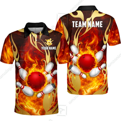 Custom Bowling Jersey Polo Shirt, Abyssal Fire & Golden Flames, Custom Bowling Jersey Team Shirt For Players With Name & Team Name