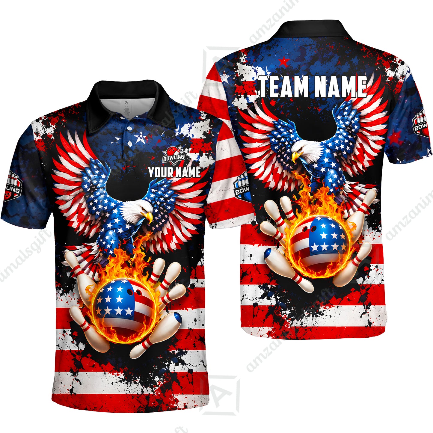 Customized USA Bald Eagle Fire Ball Bowling Jersey, Custom Name And Team Name For Bowlers