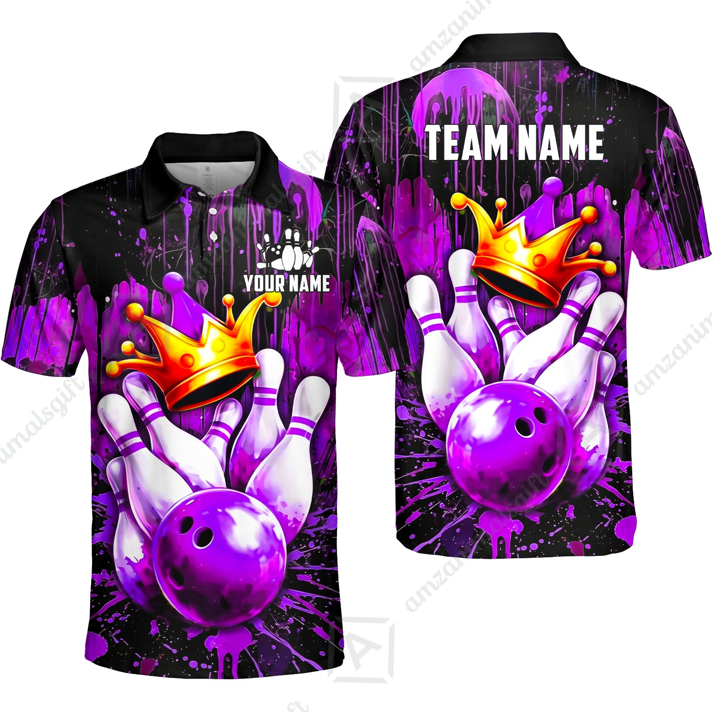 Custom Bowling Jersey Polo Shirt, Neon King Crown, Custom Bowling Jersey Team Shirt For Players With Name and Team Name