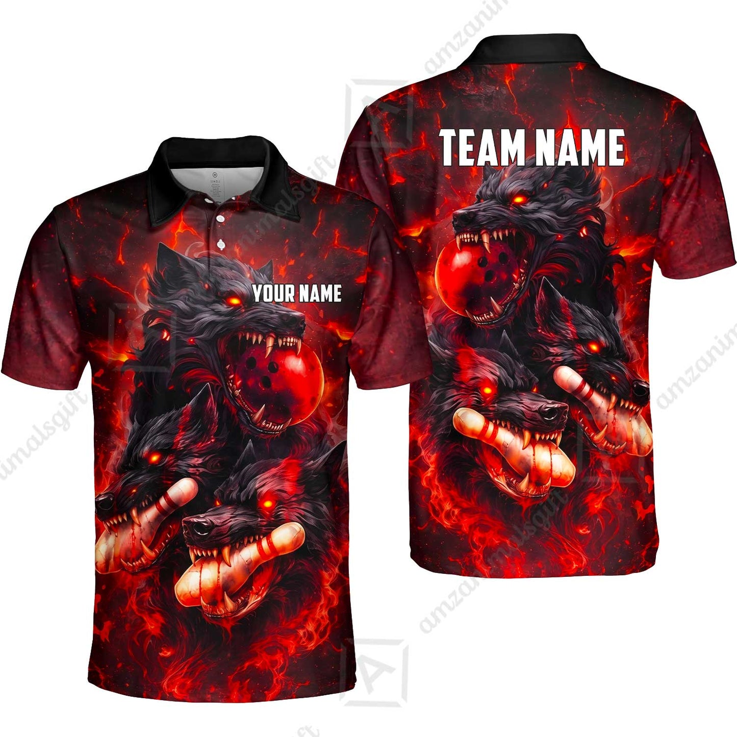 Custom Bowling Jersey Polo Shirt, Dark Fantasy Hellfire Werewolf, Custom Bowling Jersey Team Shirt For Players With Name & Team Name