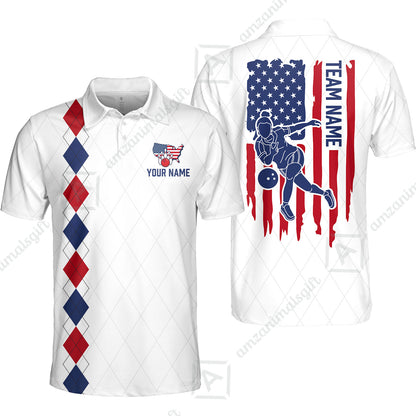 Custom Bowling Jersey Polo Shirt, Patriotic Argyle USA Flag Bowler, Custom Bowling Jersey Team Shirt For Players With Name & Team Name