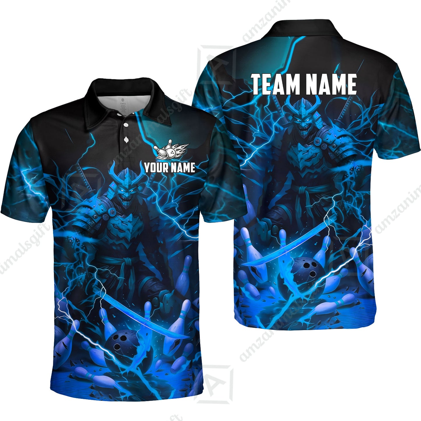 Custom Bowling Jersey Polo Shirt, Fiery Samurai Strike, Custom Bowling Jersey Team Shirt For Players With Name & Team Name