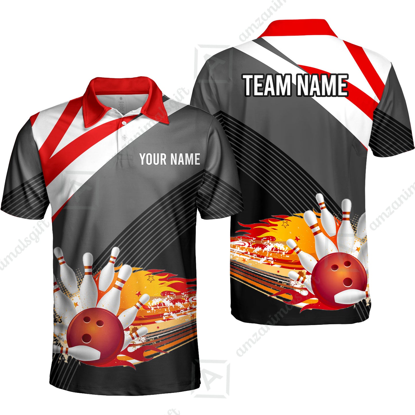 Custom Black and Red Flame Bowling Team Jersey Polo Shirts, Bowling Team Uniforms Jerseys, Personalized Name And Team Name