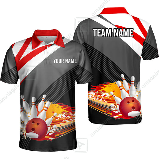 Custom Black and Red Flame Bowling Team Jersey Polo Shirts, Bowling Team Uniforms Jerseys, Personalized Name And Team Name