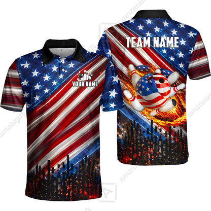 Customized American Flag Flaming Ball Bowling Jersey, Custom Name And Team Name For Bowlers