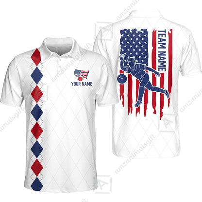 Custom Bowling Jersey Polo Shirt, Patriotic Argyle USA Flag Bowler, Custom Bowling Jersey Team Shirt For Players With Name & Team Name
