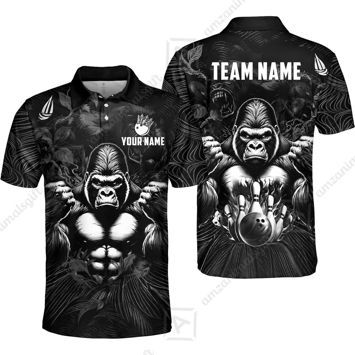 Custom Bowling Jersey Polo Shirt, Furious Gorilla Mascot, Custom Bowling Jersey Team Shirt For Players With Name & Team Name
