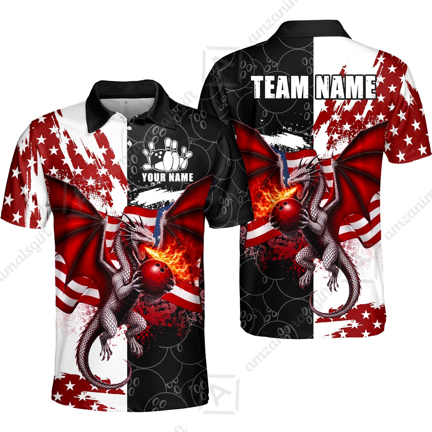 Custom Bowling Jersey Polo Shirt, Patriotic Fire Dragon Split Contrast, Custom Bowling Jersey Team Shirt For Players With Name and Team Name