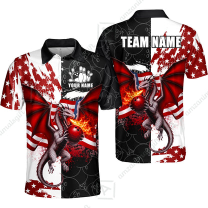 Custom Bowling Jersey Polo Shirt, Patriotic Fire Dragon Split Contrast, Custom Bowling Jersey Team Shirt For Players With Name and Team Name