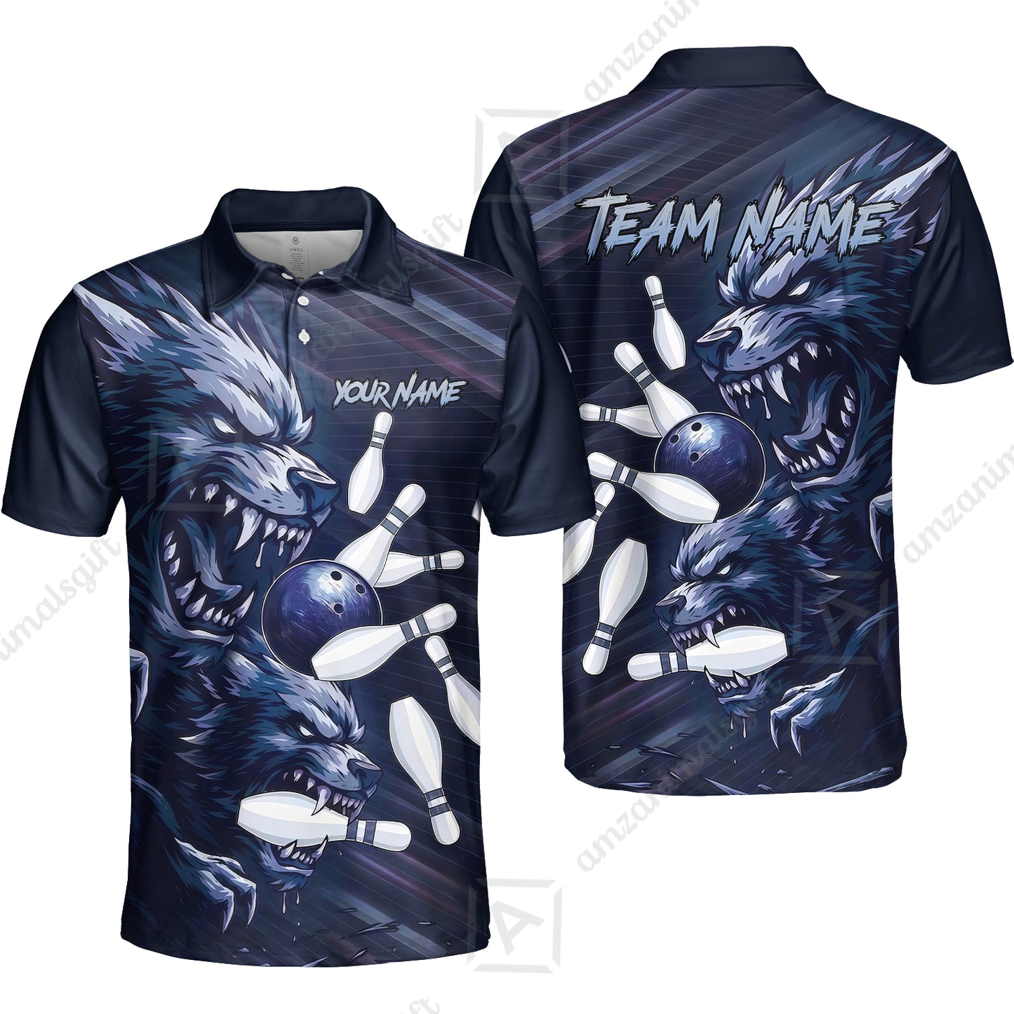 Custom Bowling Jersey Polo Shirt, Wolf Biting Bowling Pin Custom Bowling Jersey Team Shirt For Players With Name & Team Name