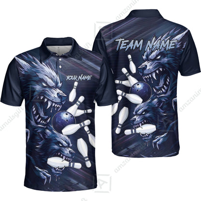 Custom Bowling Jersey Polo Shirt, Wolf Biting Bowling Pin Custom Bowling Jersey Team Shirt For Players With Name & Team Name