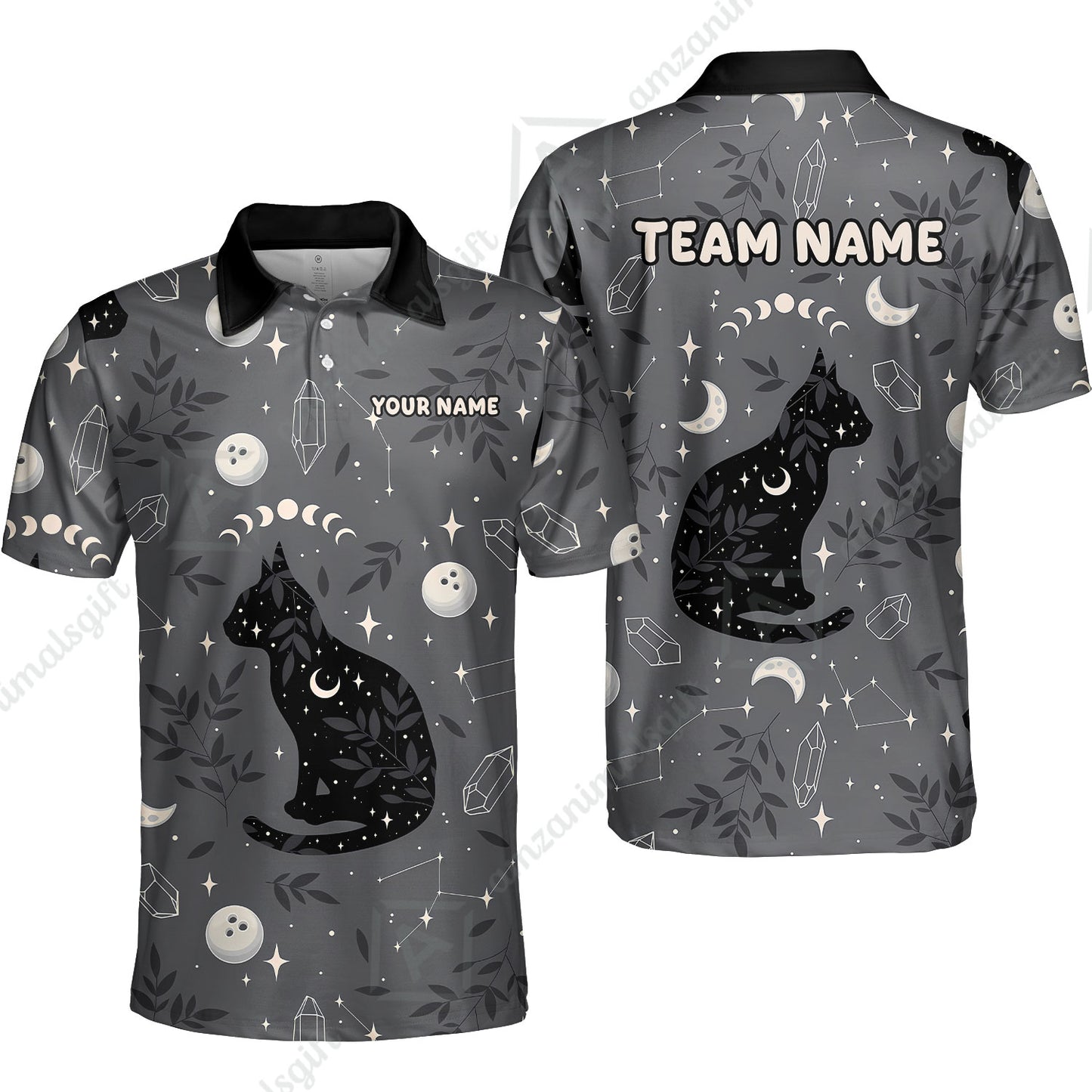 Custom Bowling Jersey Polo Shirt, Black Cat Moon Bowling Grass, Personalized Name And Team Name