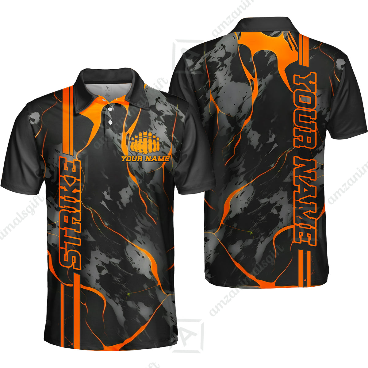 Custom Orange Strike, Bowling Shirts Men Polo Orange Camo, Bowling Team Jerseys