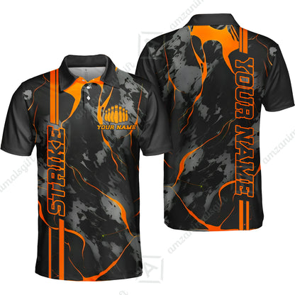 Custom Orange Strike, Bowling Shirts Men Polo Orange Camo, Bowling Team Jerseys