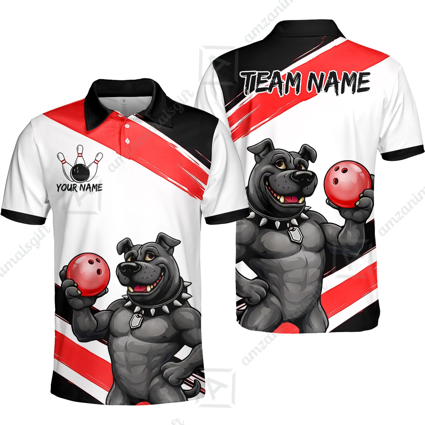 Custom Bowling Jersey Polo Shirt, Pitbull Hold Bowling Ball, Custom Bowling Jersey Team Shirt For Players With Name & Team Name