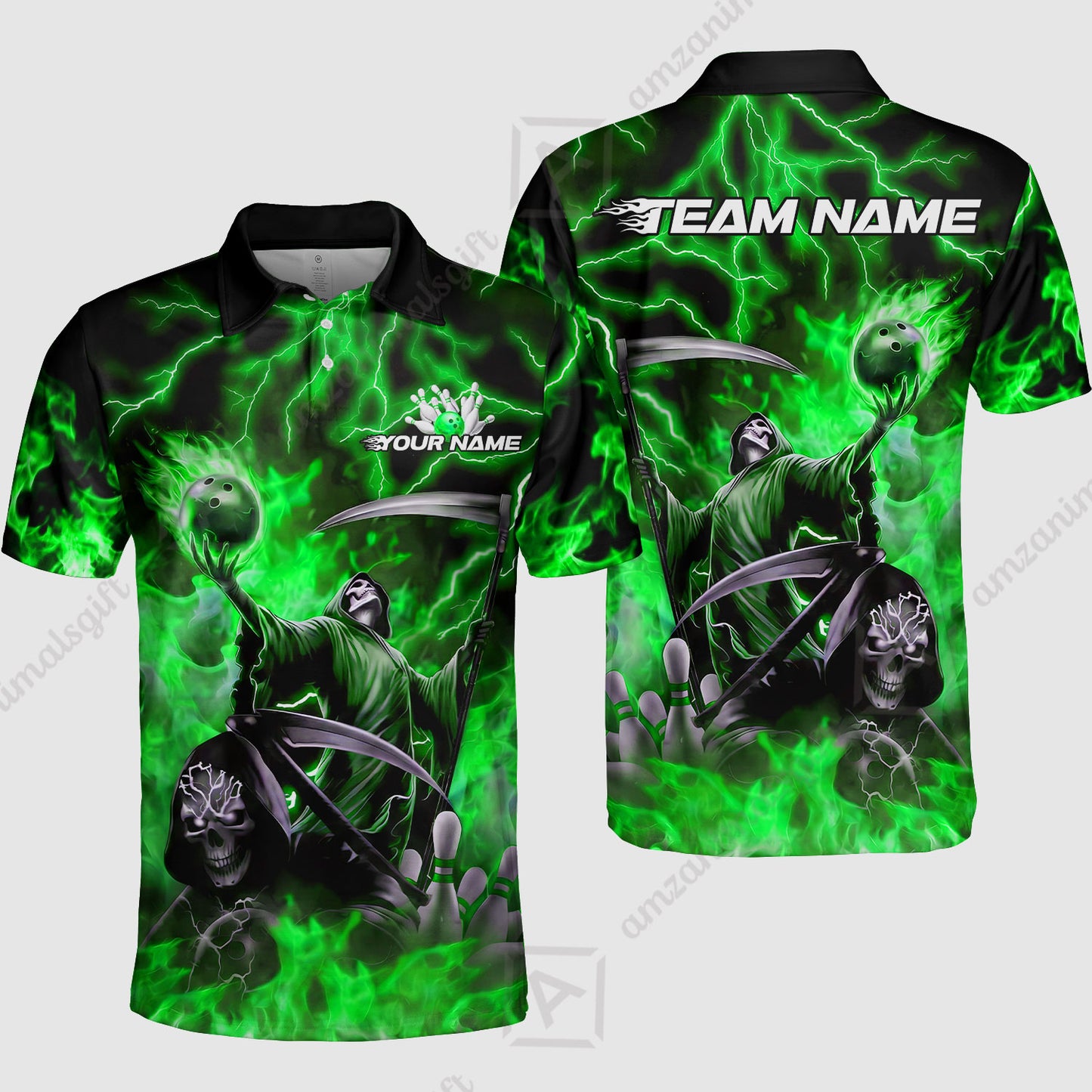Custom Bowling Team Quarter-Zip Polo Shirt, Grim Reaper Skull With Flame Bowling Lightning Design for Bowlers, Personalized Shirt with Name and Team Name
