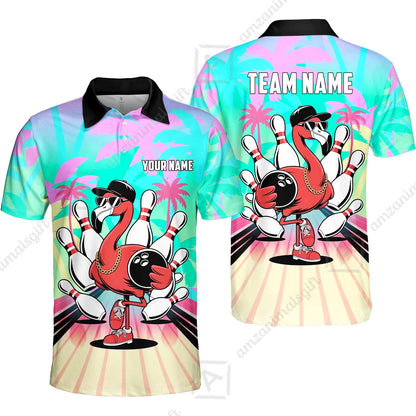 Custom Bowling Jersey Polo Shirt, Sunset Lanes Flamingo, Custom Bowling Jersey Team Shirt For Players With Name and Team Name