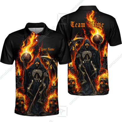 Custom Bowling Jersey Polo Shirt, Hellfire Grim Reaper, Personalize Name and Team Name