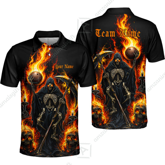 Custom Bowling Jersey Polo Shirt, Hellfire Grim Reaper, Personalize Name and Team Name