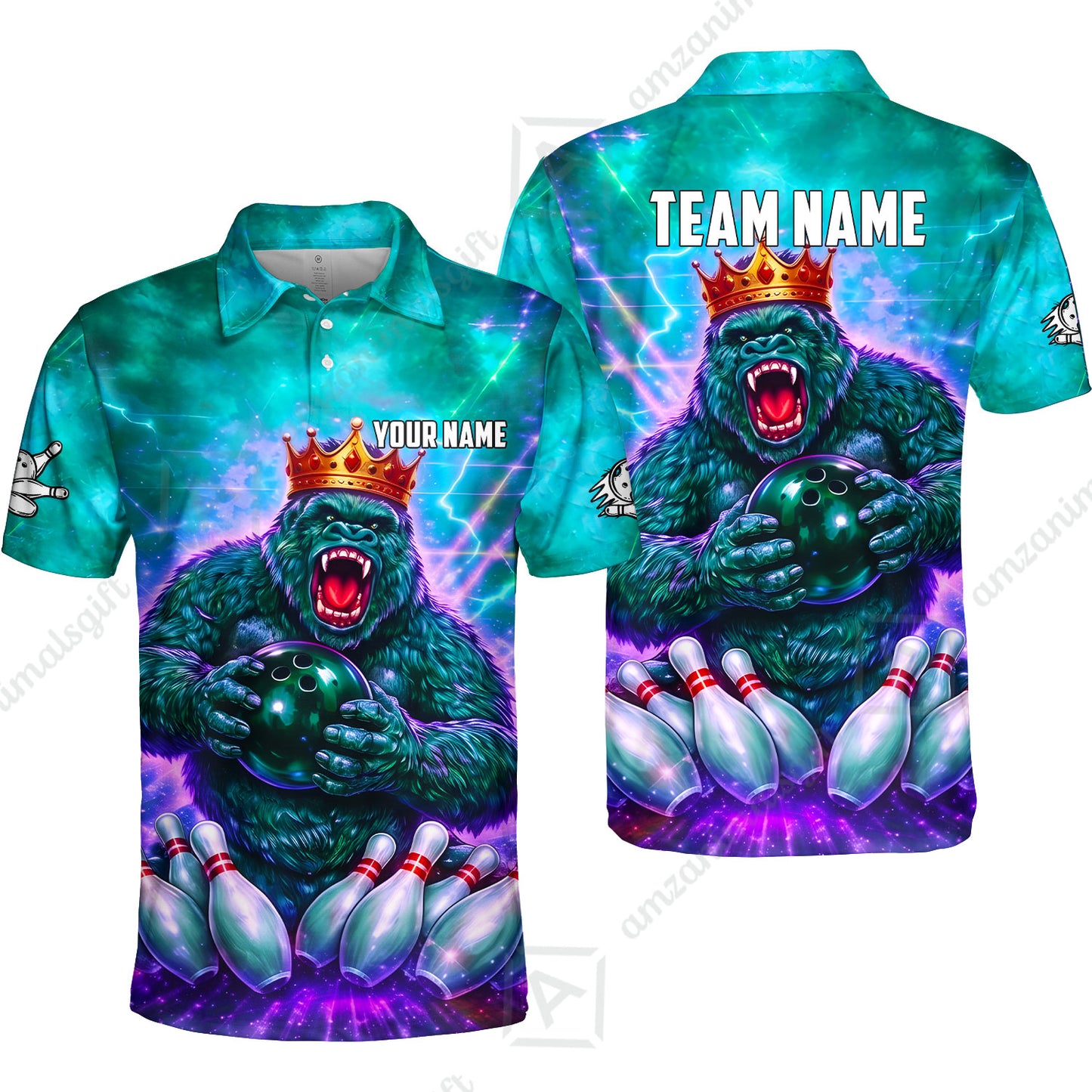 Custom Bowling Jersey Polo Shirt, King Gorilla Holding Bowling Ball, Custom Bowling Jersey Team Shirt For Players With Name & Team Name