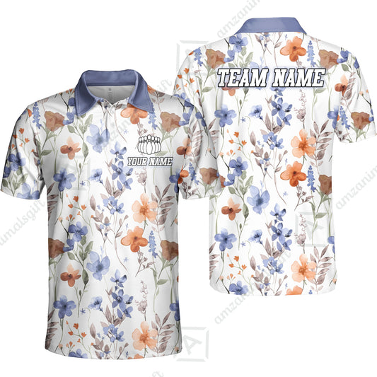 Customized Bowling Unisex Polo Shirt, Watercolor Floral Blossom Pattern, Bowling Uniform - Personalized Name Team Name