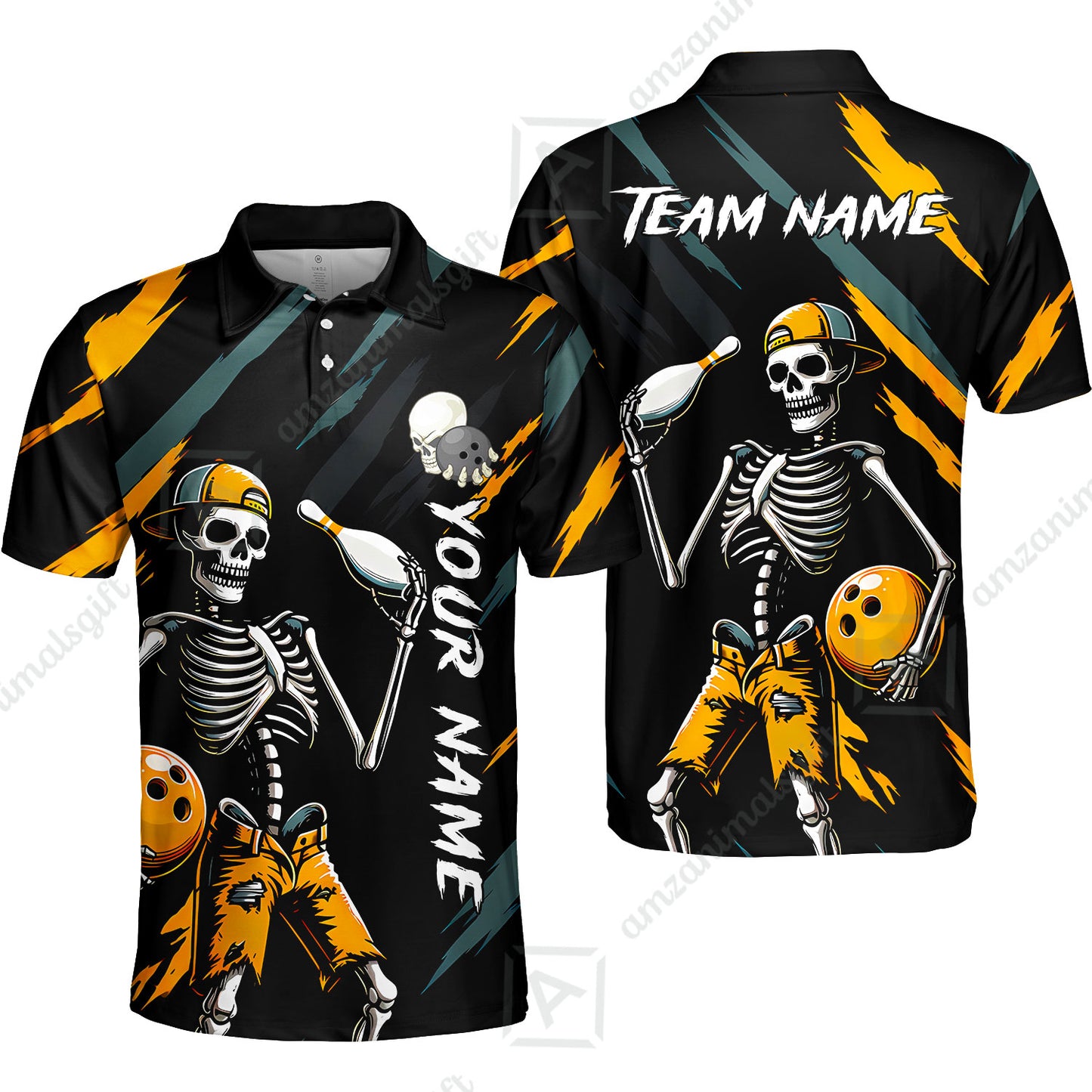 Customized Bowling Shirt, Bad Boy Skeleton Bowler, Personalized Polo Shirt For Players With Name & Team Name